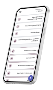 iPhone-Mockup mit der easybooking Gäste-App, die Menüpunkte wie Zimmerzugang, Reservierungsbestätigung, Sehenswürdigkeiten und Wetter in Innsbruck anzeigt.