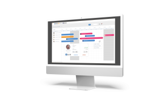 iMac-Mockup mit dem easybooking Zimmerplan, farbigen Buchungsbalken verschiedener Quellen und geöffnetem Gastdetail-Popup mit Preisangabe und offenem Betrag.