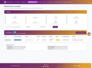 Screenshot der Vistello Lodge Meldescheinverwaltung mit Kennzahlen zu Gesamt-, ausstehenden und unterschriebenen Meldescheinen, einer Tabelle mit Gastdaten sowie rechtlichen Hinweisen zur Meldepflicht.