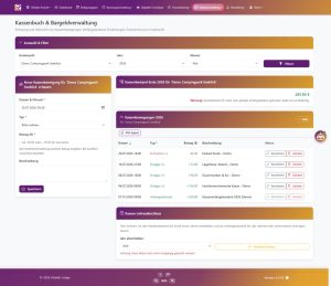 Screenshot des Vistello Lodge Kassenbuchs mit Formular für neue Kassenbewegungen, aktuellem Kassenbestand, einer Liste einzelner Ein- und Auszahlungen sowie dem Bereich für den Kassen-Jahresabschluss.