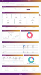 Screenshot der Vistello Lodge Unternehmensstatistik mit Kennzahlen zu Belegung, ADR, RevPAR und Nettogewinn, Diagrammen zu Buchungstrends und Vertriebskanälen sowie Tabellen zur Gästesegmentierung nach Herkunft und Altersgruppe.