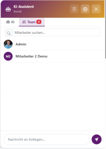 Screenshot des Vistello Lodge Team-Chats mit Suchfeld für Mitarbeiter, einer Liste von Teammitgliedern sowie einem Eingabefeld für Nachrichten an Kollegen.