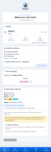 Screenshot des Vistello Lodge Digitalen Concierge mit Begrüßung des Gastes, Wetteranzeige, Kontaktdaten der Unterkunft, WLAN-Zugangsdaten sowie Rechnungs- und Abreiseinformationen mit Feedbackfeld.
