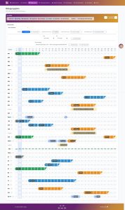 Screenshot des Vistello Lodge Belegungsplans für Juli 2026 mit farblich markierten Buchungen, Status je Einheit und Filteroptionen für Zeitraum und Unterkünfte.