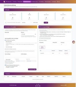 Screenshot der Vistello Lodge Gutscheinverwaltung mit Formular zum Ausstellen von Gutscheinen vor Ort, Bereich für Gutschein-Vorlagen und Online-Kanäle sowie einer noch leeren Gutscheinliste.