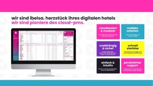 Monitor-Mockup mit dem ibelsa Cockpit, das die Anreisen und Abreisen des Tages tabellarisch auflistet, daneben sechs farbige Kacheln zu den Eigenschaften der cloudbasierten Hotelsoftware.