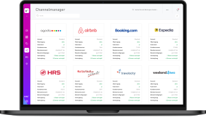 Screenshot des DIRS21 Channelmanagers im DIRS21 Cockpit mit Kacheln für Agoda, Airbnb, Booking.com, Expedia, HRS, Kurzurlaub.de, Travelocity und weekend4two, jeweils mit Übertragungsstatus und verknüpften Raten und Zimmern.