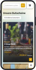 Smartphone-Ansicht des DIRS21 Gutscheinshops mit Suchfeld und einem Sachgutschein für ein 3-Gänge-Menü zum Preis von 90 Euro.