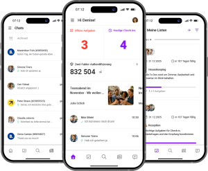Drei Smartphone-Ansichten der App DIRS21 Live: Chatübersicht mit Gästenachrichten aus Booking.com und Expedia, Startseite mit offenen Aufgaben und heutigen Check-ins sowie Aufgabenlisten für Housekeeping und Rezeption.
