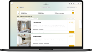 Screenshot der Buchungsstrecke DIRS21 One auf einer Hotel-Website mit Reisedaten, Gästeauswahl und verfügbaren Zimmern samt Preis pro Nacht und Auswahl-Button.